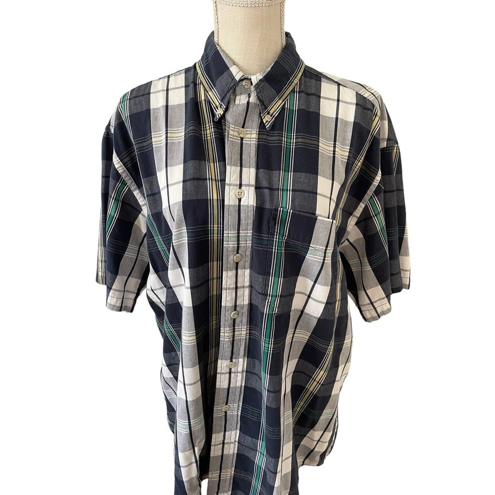 Pendleton Shirt Mens L Green Blue Plaid S/S Button Down Pocket 100% Cotton